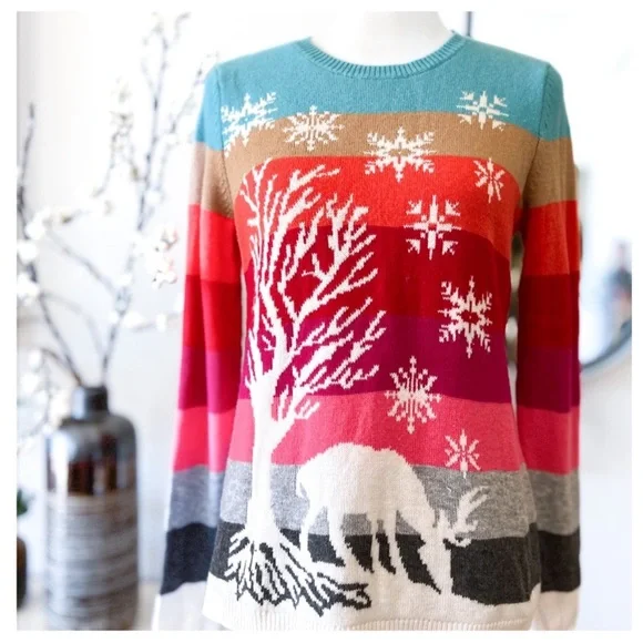 ⭐️ Talbots Striped Holiday Winter Scene Deer Crewneck Sweater MEDIUM PETITE - Picture 2 of 11